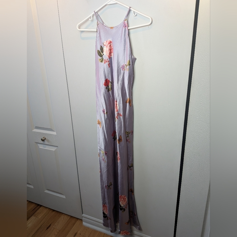 BEECHERS BROOK Size 4 Vintage Satin Effect Maxi Dress Lilac, Floral, Butterfly
